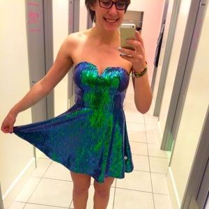 Green and Purple Sparkle Strapless Skater Dress